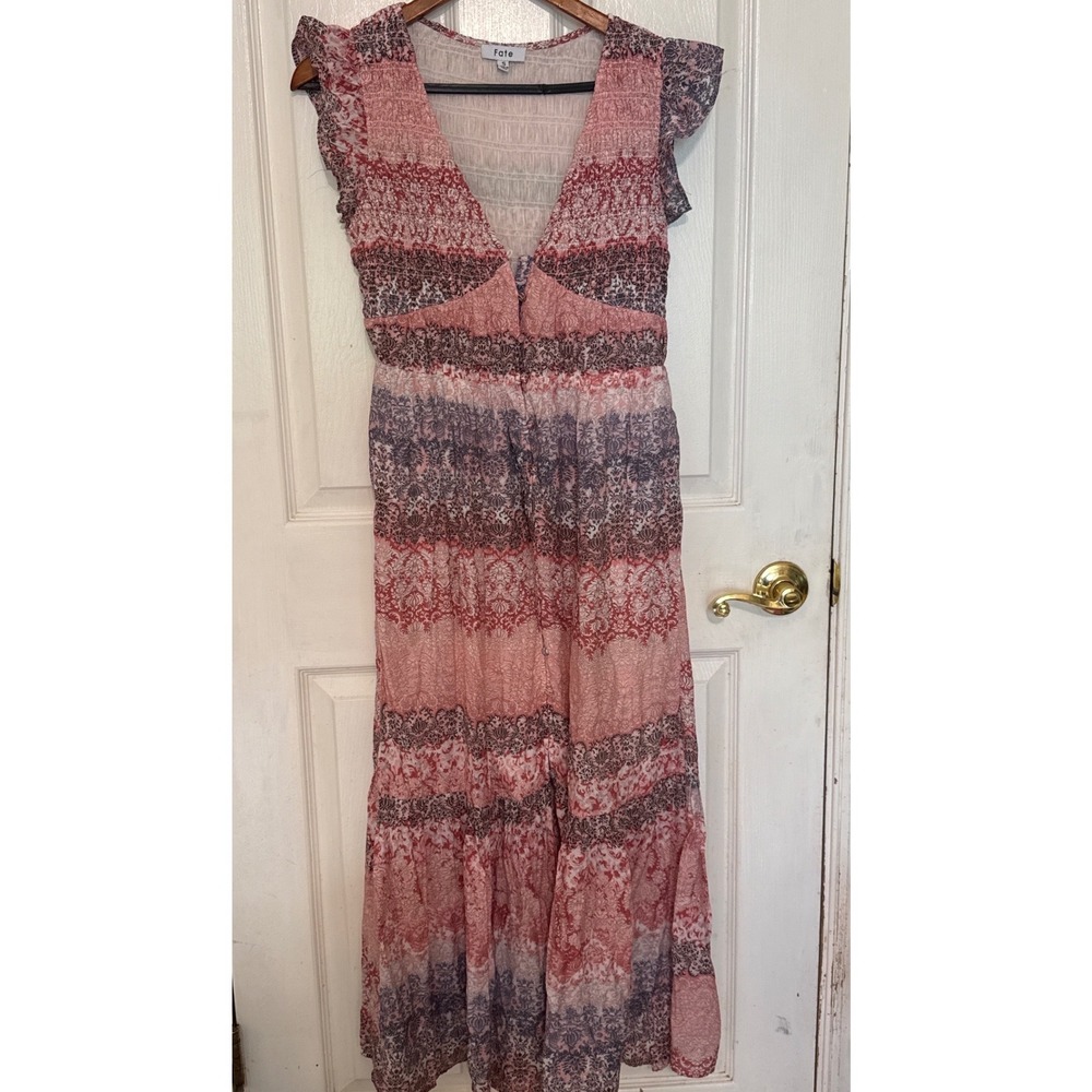 Fate Pink Purple Floral Paisley Smock Tiered Maxi Dress Small Boho FlutterSleeve